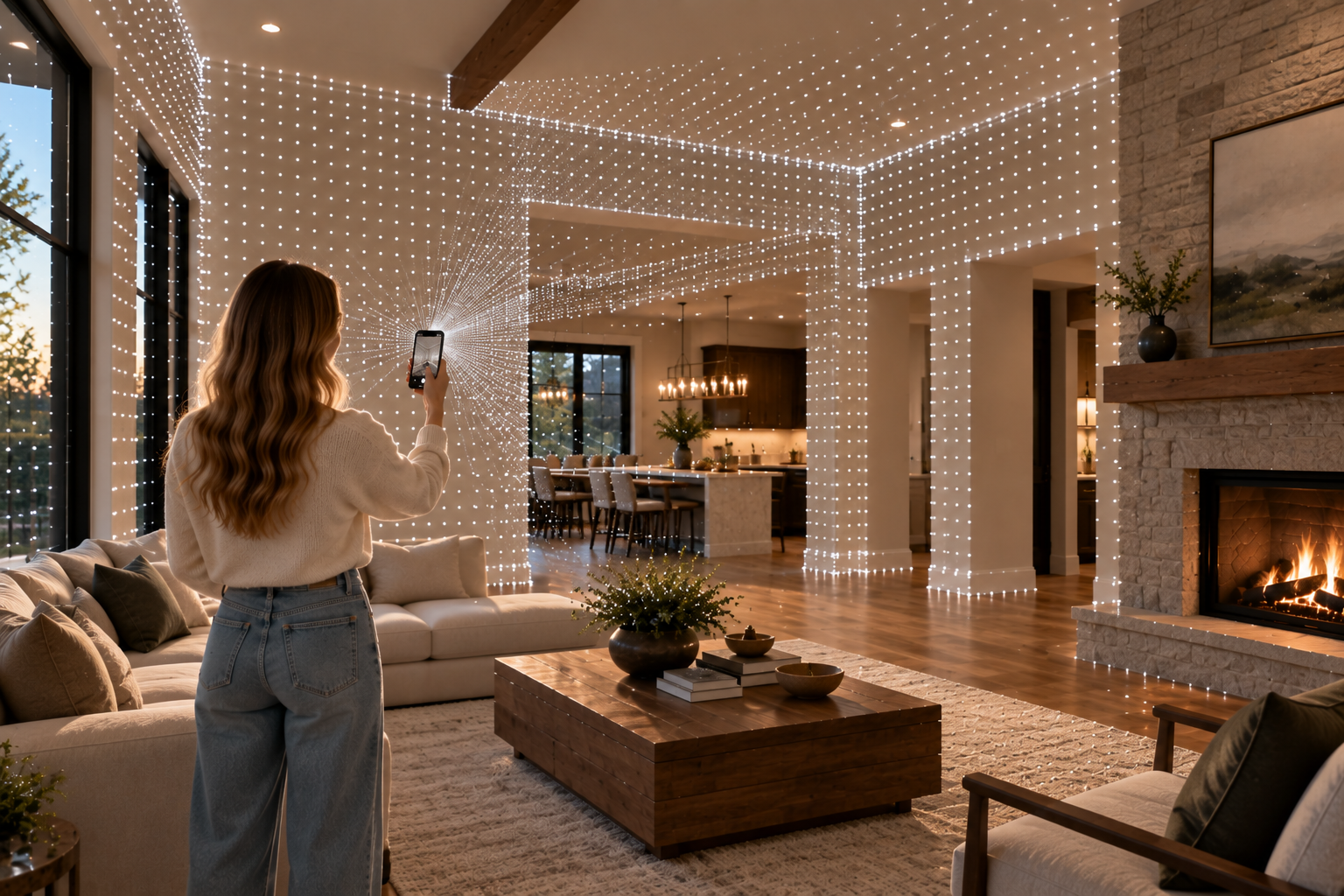 Woman in a cream sweater scanning a cozy living room with her phone, white LiDAR points mapping the paintable walls and a stone fireplace glowing beside them